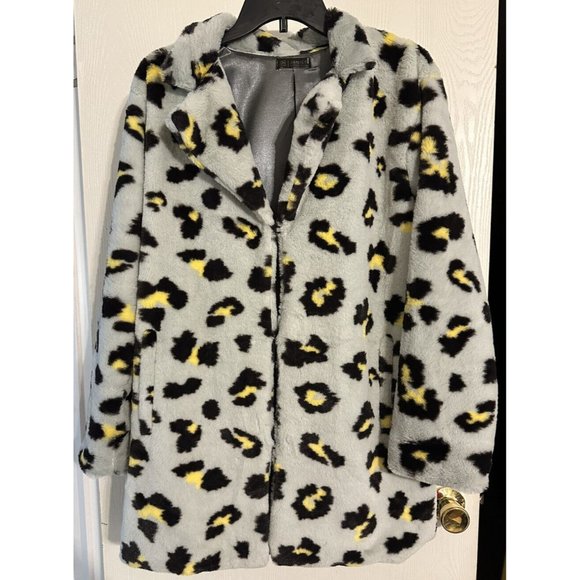 Janice‎ Apparel Blue Gray Faux Fur Leopard Animal Print Lined Jacket Pockets OS - Picture 1 of 7